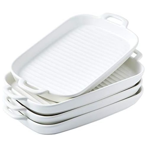  [아마존베스트]Bruntmor 10x6 Set Of 4 Oven to Table Bakeware Matte Glaze Dinner Plates, Lasagna Serving Pan With Handle Rectangular Dish, White