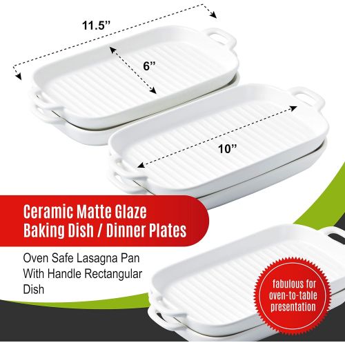  [아마존베스트]Bruntmor 10x6 Set Of 4 Oven to Table Bakeware Matte Glaze Dinner Plates, Lasagna Serving Pan With Handle Rectangular Dish, White