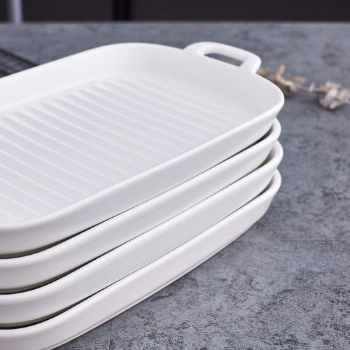  [아마존베스트]Bruntmor 10x6 Set Of 4 Oven to Table Bakeware Matte Glaze Dinner Plates, Lasagna Serving Pan With Handle Rectangular Dish, White