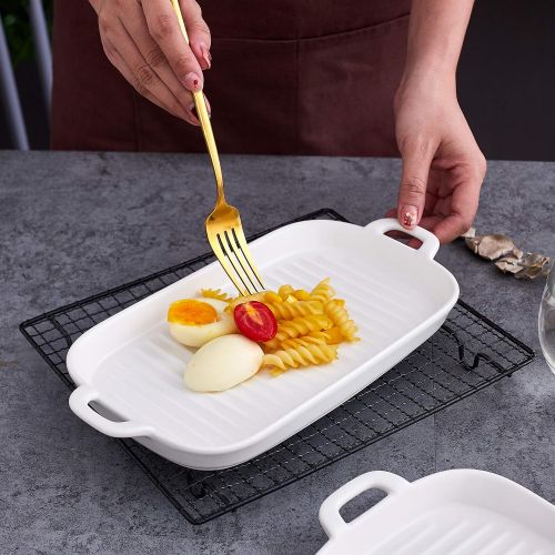  [아마존베스트]Bruntmor 10x6 Set Of 4 Oven to Table Bakeware Matte Glaze Dinner Plates, Lasagna Serving Pan With Handle Rectangular Dish, White
