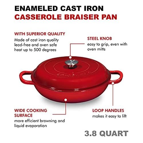  [아마존베스트]Bruntmor Enameled Cast Iron Casserole Braiser - Pan with Cover, 3.8-Quart, Gradient Red