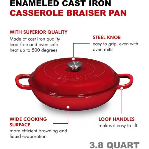  [아마존베스트]Bruntmor Enameled Cast Iron Casserole Braiser - Pan with Cover, 3.8-Quart, Gradient Red