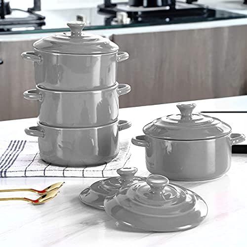  [아마존베스트]Bruntmor 8.5oz Oven Safe Mini Cocotte Ceramic Ramekins For Baking, Mini Casserole with Lid, Souffle Dish, 2 White & 2 Teal