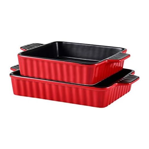  [아마존베스트]Bruntmor Set Of 2 Rectangular Bakeware Set Ceramic Baking Pan Lasagna Pans for Baking, large 9.5 x 7.5 + 8 x 7.5 Red/Black