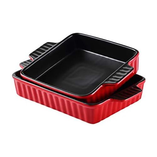  [아마존베스트]Bruntmor Set Of 2 Rectangular Bakeware Set Ceramic Baking Pan Lasagna Pans for Baking, large 9.5 x 7.5 + 8 x 7.5 Red/Black