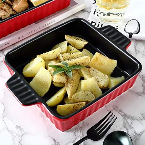  [아마존베스트]Bruntmor Set Of 2 Rectangular Bakeware Set Ceramic Baking Pan Lasagna Pans for Baking, large 9.5 x 7.5 + 8 x 7.5 Red/Black