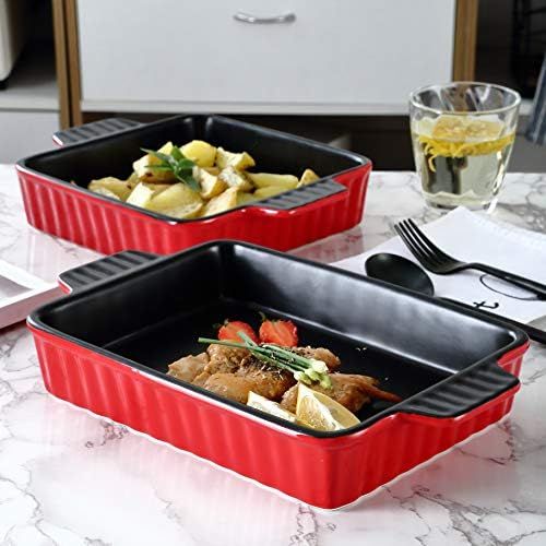  [아마존베스트]Bruntmor Set Of 2 Rectangular Bakeware Set Ceramic Baking Pan Lasagna Pans for Baking, large 9.5 x 7.5 + 8 x 7.5 Red/Black