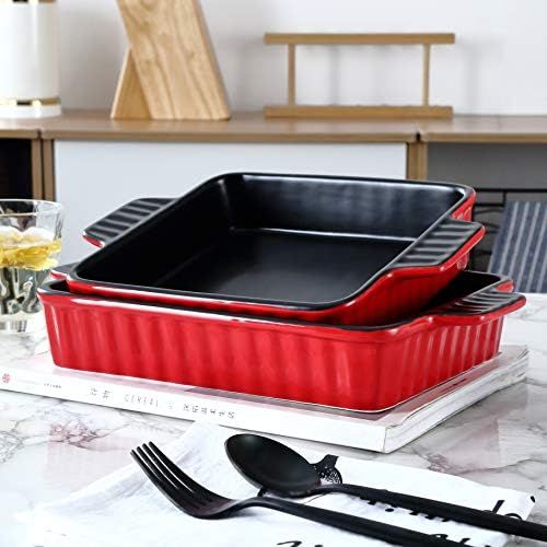  [아마존베스트]Bruntmor Set Of 2 Rectangular Bakeware Set Ceramic Baking Pan Lasagna Pans for Baking, large 9.5 x 7.5 + 8 x 7.5 Red/Black