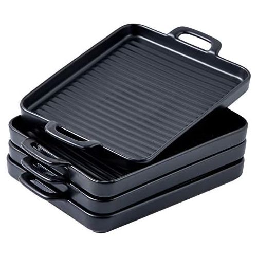  [아마존베스트]Bruntmor 8.5 x 7 Set Of 4 Ceramic Matte Oven to Table Bakeware Dinner Plates, for Oven Roasting Lasagna Pan with Handle Square Dish, Black