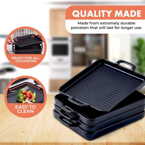  [아마존베스트]Bruntmor 8.5 x 7 Set Of 4 Ceramic Matte Oven to Table Bakeware Dinner Plates, for Oven Roasting Lasagna Pan with Handle Square Dish, Black