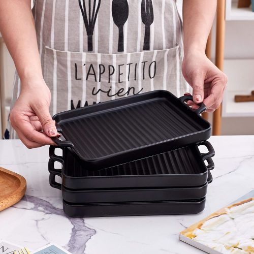  [아마존베스트]Bruntmor 8.5 x 7 Set Of 4 Ceramic Matte Oven to Table Bakeware Dinner Plates, for Oven Roasting Lasagna Pan with Handle Square Dish, Black