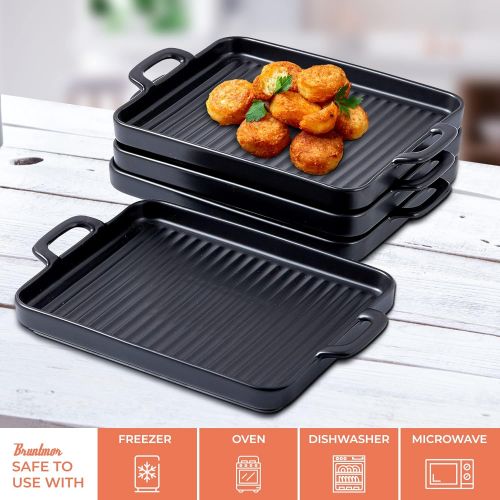  [아마존베스트]Bruntmor 8.5 x 7 Set Of 4 Ceramic Matte Oven to Table Bakeware Dinner Plates, for Oven Roasting Lasagna Pan with Handle Square Dish, Black