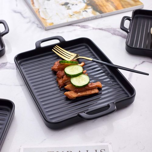  [아마존베스트]Bruntmor 8.5 x 7 Set Of 4 Ceramic Matte Oven to Table Bakeware Dinner Plates, for Oven Roasting Lasagna Pan with Handle Square Dish, Black