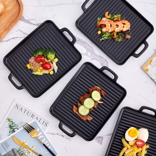  [아마존베스트]Bruntmor 8.5 x 7 Set Of 4 Ceramic Matte Oven to Table Bakeware Dinner Plates, for Oven Roasting Lasagna Pan with Handle Square Dish, Black