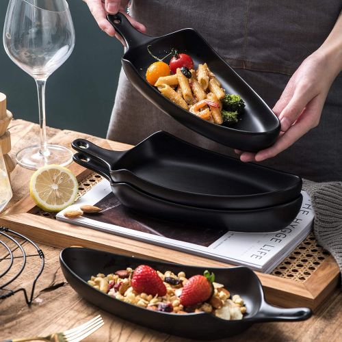  [아마존베스트]Bruntmor Set Of 4 Ceramic Matte Glaze Baking Dish 9 dinner plates, Oven Safe Roasting Lasagna Pan with Handle Triangle Dish, Black