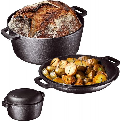  [아마존베스트]Bruntmor Heavy Duty Pre-Seasoned 2 In 1 Cast Iron Double Dutch Oven Set and Domed 10 inch Skillet Lid, Open Fire Camping Dutch Oven, Non-Stick, 5-Quart