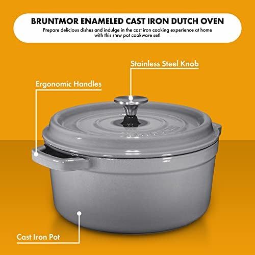  [아마존베스트]Bruntmor Grey Enameled Cast Iron Dutch Oven Casserole Dish 6.5 quart Large Loop Handles & Self-Basting Condensation Ridges On Lid (Grey)