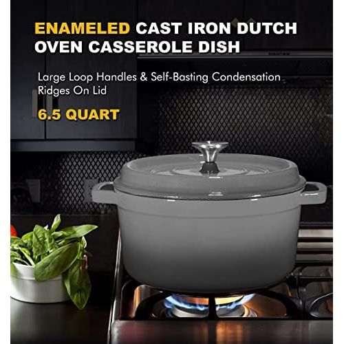  [아마존베스트]Bruntmor Grey Enameled Cast Iron Dutch Oven Casserole Dish 6.5 quart Large Loop Handles & Self-Basting Condensation Ridges On Lid (Grey)