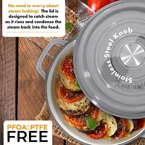  [아마존베스트]Bruntmor Grey Enameled Cast Iron Dutch Oven Casserole Dish 6.5 quart Large Loop Handles & Self-Basting Condensation Ridges On Lid (Grey)