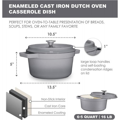  [아마존베스트]Bruntmor Grey Enameled Cast Iron Dutch Oven Casserole Dish 6.5 quart Large Loop Handles & Self-Basting Condensation Ridges On Lid (Grey)