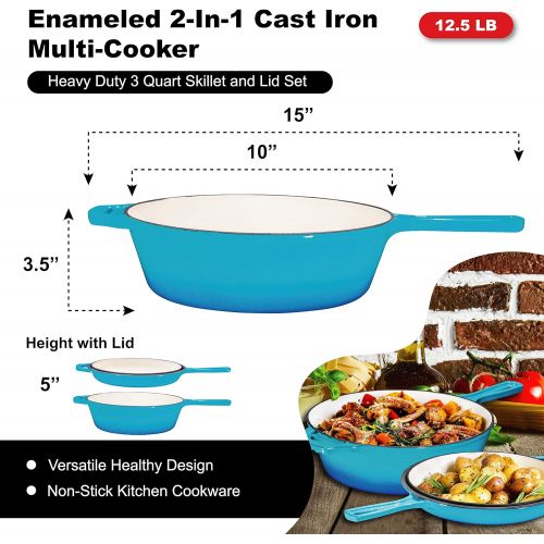  [아마존베스트]Enameled 2-In-1 Cast Iron Multi-Cooker By Bruntmor  Heavy Duty 3 Quart Skillet and Lid Set, Versatile Healthy Design, Non-Stick Kitchen Cookware, Caribbean