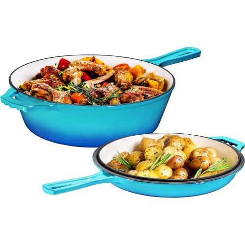  [아마존베스트]Enameled 2-In-1 Cast Iron Multi-Cooker By Bruntmor  Heavy Duty 3 Quart Skillet and Lid Set, Versatile Healthy Design, Non-Stick Kitchen Cookware, Caribbean