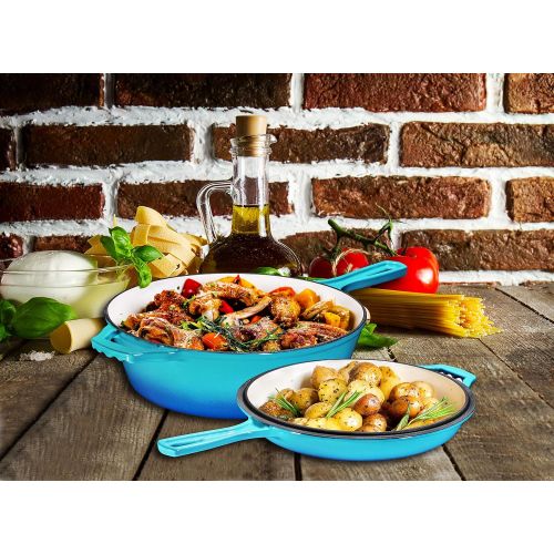  [아마존베스트]Enameled 2-In-1 Cast Iron Multi-Cooker By Bruntmor  Heavy Duty 3 Quart Skillet and Lid Set, Versatile Healthy Design, Non-Stick Kitchen Cookware, Caribbean