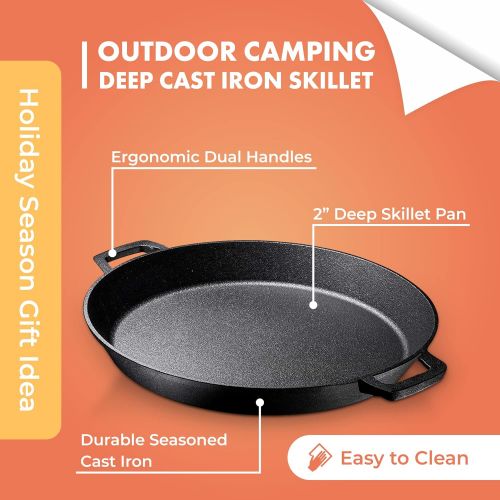  [아마존베스트]Bruntmor Pre Seasoned Cast Iron 16 inch Skillet Dual Handles Durable Frying Pan Deep Pizza Pan Large Loop Handles, Camping Skillet, Pizza Pan, Fry Pan - 2 Deep