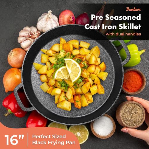  [아마존베스트]Bruntmor Pre Seasoned Cast Iron 16 inch Skillet Dual Handles Durable Frying Pan Deep Pizza Pan Large Loop Handles, Camping Skillet, Pizza Pan, Fry Pan - 2 Deep