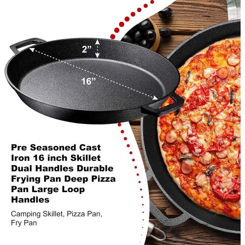  [아마존베스트]Bruntmor Pre Seasoned Cast Iron 16 inch Skillet Dual Handles Durable Frying Pan Deep Pizza Pan Large Loop Handles, Camping Skillet, Pizza Pan, Fry Pan - 2 Deep