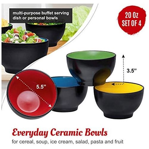  [아마존베스트]Bruntmor Ceramic Dessert Bowls Set  20 Oz Durable Non-toxic Ceramic Bowls set of 4, Elegant Multi-colored Variation for Rice, Ice-cream, Salad, and Cereal