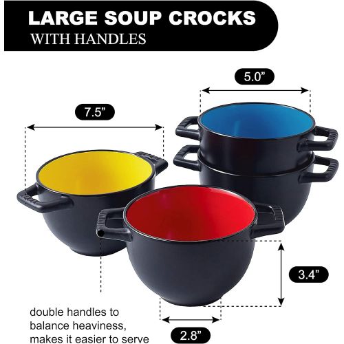  [아마존베스트]Bruntmor Set of 4 Large Soup Crocks with Handles for Cereal Bowl, Soup, Stew, Chilli, Oven safe Ceramic Serving Soup Bowl Set for kitchen. 24 Oz, Black Multi Color