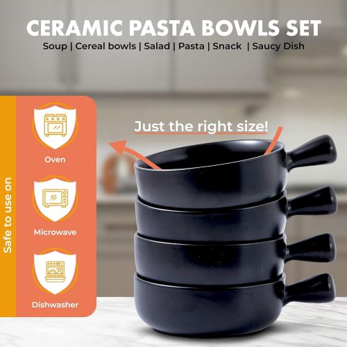  [아마존베스트]Bruntmor 20 Ounce Set Of 4 Ceramic Matte Glaze Bowl with Handle French Onion Soup Bowl Bakeware, Oven Safe, 6 Diameter, Black