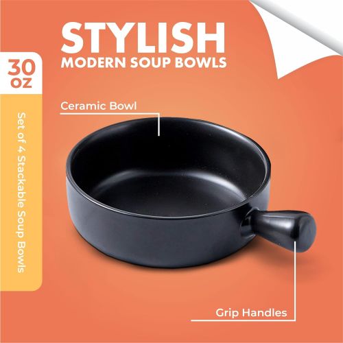  [아마존베스트]Bruntmor 20 Ounce Set Of 4 Ceramic Matte Glaze Bowl with Handle French Onion Soup Bowl Bakeware, Oven Safe, 6 Diameter, Black
