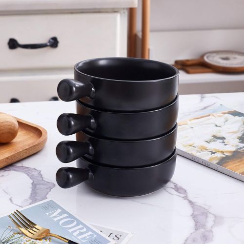  [아마존베스트]Bruntmor 20 Ounce Set Of 4 Ceramic Matte Glaze Bowl with Handle French Onion Soup Bowl Bakeware, Oven Safe, 6 Diameter, Black