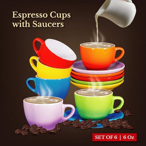  [아마존베스트]Espresso Cups with Saucers by Bruntmor - 6 ounce - Set of 6 (Matte Black, 6oz)