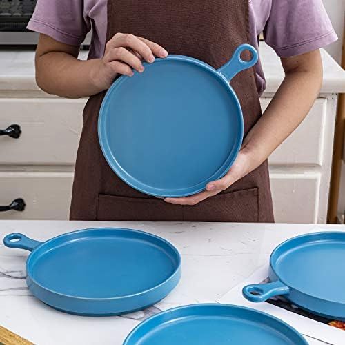  [아마존베스트]Bruntmor Set of 4, Porcelain 8 Inch Dinner Plates, Elegant Matte Serving Dinner Plates With Skillet Look Handle for Pizza, Steak, Pasta, Salad, Porcelain Dinner Plates Serving Tray