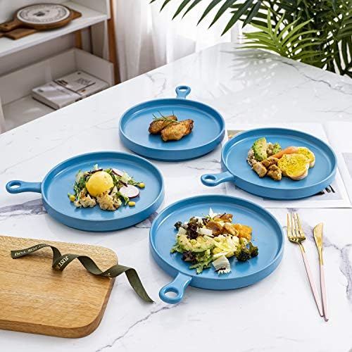  [아마존베스트]Bruntmor Set of 4, Porcelain 8 Inch Dinner Plates, Elegant Matte Serving Dinner Plates With Skillet Look Handle for Pizza, Steak, Pasta, Salad, Porcelain Dinner Plates Serving Tray