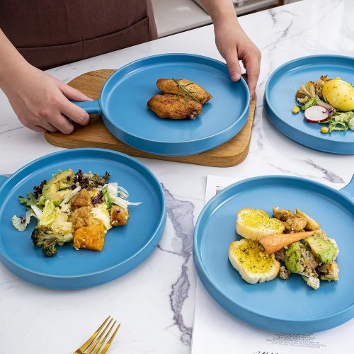  [아마존베스트]Bruntmor Set of 4, Porcelain 8 Inch Dinner Plates, Elegant Matte Serving Dinner Plates With Skillet Look Handle for Pizza, Steak, Pasta, Salad, Porcelain Dinner Plates Serving Tray