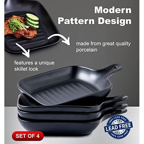  [아마존베스트]Bruntmor Set Of 4 Matte Glaze Ceramic Food Serving Plate With Skillet Look Handle Baking Dish 6.5 Dinner Plates, Black