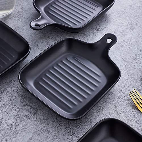  [아마존베스트]Bruntmor Set Of 4 Matte Glaze Ceramic Food Serving Plate With Skillet Look Handle Baking Dish 6.5 Dinner Plates, Black