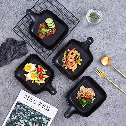  [아마존베스트]Bruntmor Set Of 4 Matte Glaze Ceramic Food Serving Plate With Skillet Look Handle Baking Dish 6.5 Dinner Plates, Black