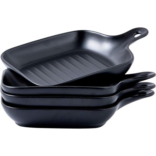  [아마존베스트]Bruntmor Set Of 4 Matte Glaze Ceramic Food Serving Plate With Skillet Look Handle Baking Dish 6.5 Dinner Plates, Black