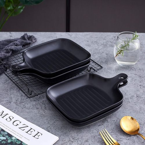  [아마존베스트]Bruntmor Set Of 4 Matte Glaze Ceramic Food Serving Plate With Skillet Look Handle Baking Dish 6.5 Dinner Plates, Black