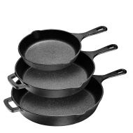 Bruntmor Pre-Seasoned Cast Iron 3 Piece Skillet Bundle. 12” + 10” + 8” Set of 3 Cast Iron Frying Pans Heavy Duty Professional Chef Tools Indoor & Outdoor Use Grill, StoveTop, Black