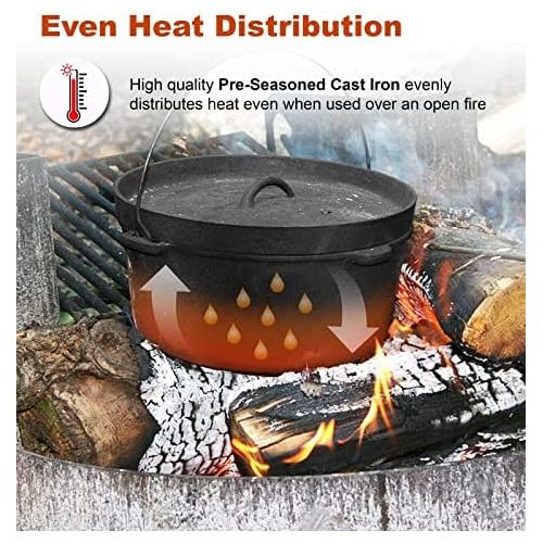  Bruntmor Pre Seasoned Cast Iron Dutch Oven with Flanged Lid Iron Cover, for Campfire or Fireplace Cooking Pre Seasoned Camping Cookware Flat Bottom 8 Quart