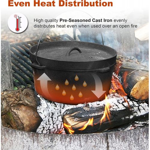  Bruntmor Pre Seasoned Cast Iron Dutch Oven with Flanged Lid Iron Cover, for Campfire or Fireplace Cooking Pre Seasoned Camping Cookware Flat Bottom 8 Quart