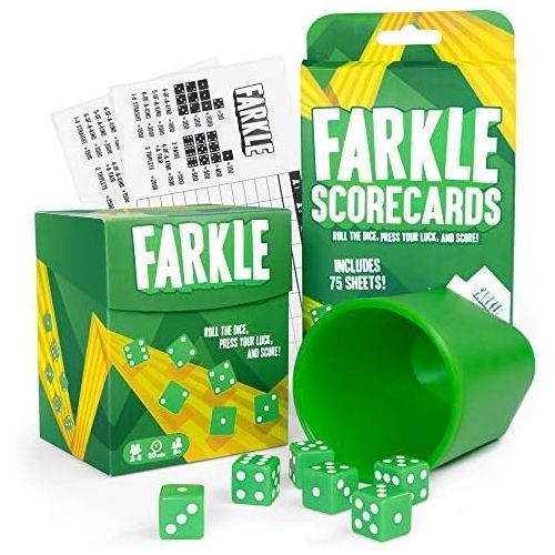 브라이벨리 [아마존베스트]Farkle: The Family Dice Game Bundle | Farkle Game Set, 75 Additional Scorecards | Includes Dice Cup, Set of 6 Green Dice, Storage Box, 100 Scorecards