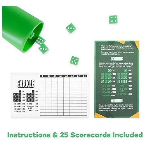 브라이벨리 [아마존베스트]Farkle: The Family Dice Game Bundle | Farkle Game Set, 75 Additional Scorecards | Includes Dice Cup, Set of 6 Green Dice, Storage Box, 100 Scorecards