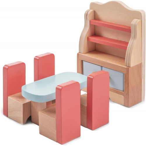 브라이벨리 Brybelly Dazzling Dining Room Furniture Set Wooden Wonders Premium Dollhouse Furniture with 6 Pieces Includes Four Chairs, Dining Room Table, a Cabinet Plates Storage Playtime and Imaginati